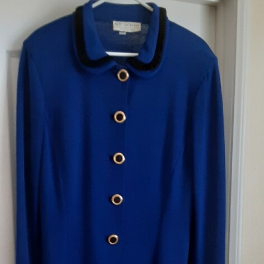 St John Royal Blue Knit Jacket with Black Velvet Trim